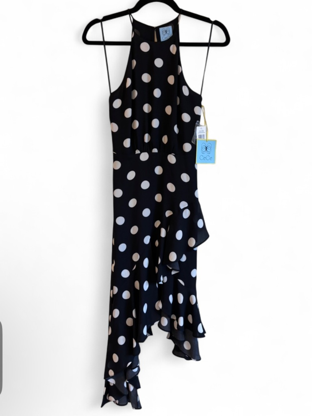 CeCe Black Dress with White Polka Dots Asymmetrical Ruffle
